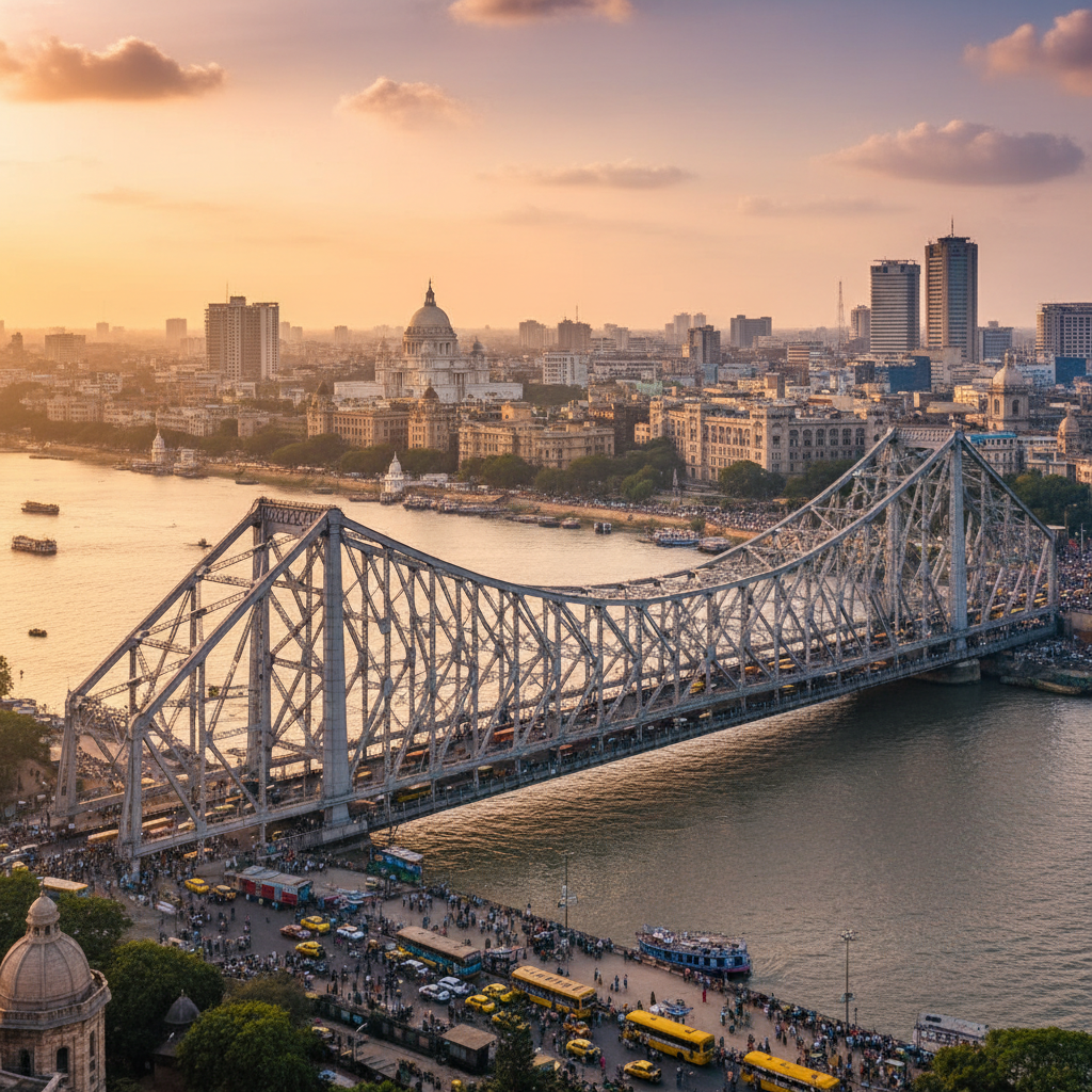 Grand Kolkata cityscape with Howrah Bridge and the Hooghly River at golden hour